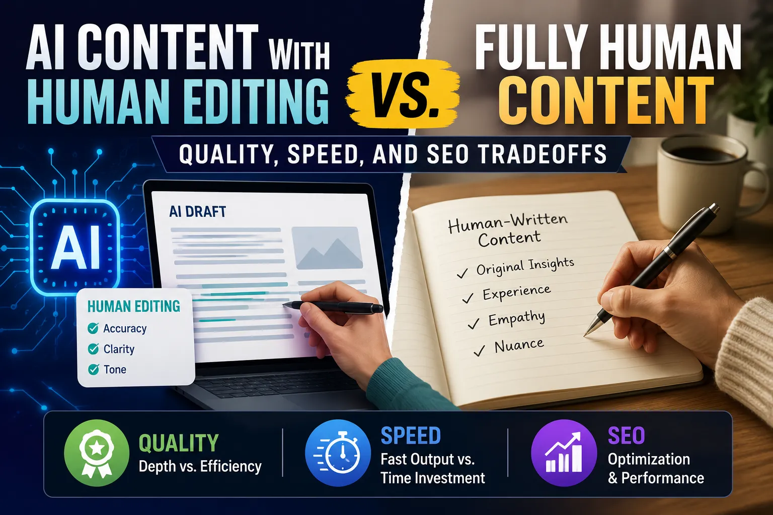 AI Content With Human Editing vs. Fully Human Content: Quality, Speed, and SEO Tradeoffs